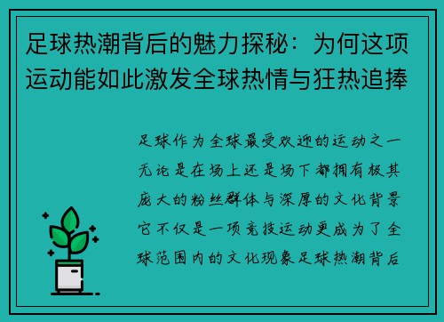 足球热潮背后的魅力探秘：为何这项运动能如此激发全球热情与狂热追捧