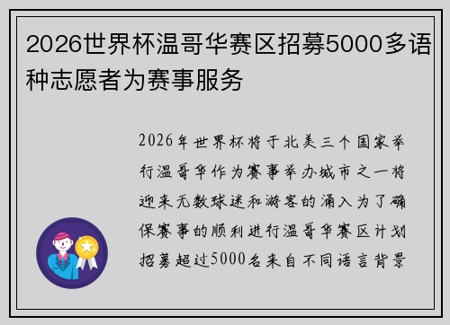 2026世界杯温哥华赛区招募5000多语种志愿者为赛事服务