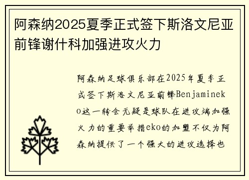 阿森纳2025夏季正式签下斯洛文尼亚前锋谢什科加强进攻火力