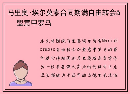 马里奥·埃尔莫索合同期满自由转会加盟意甲罗马