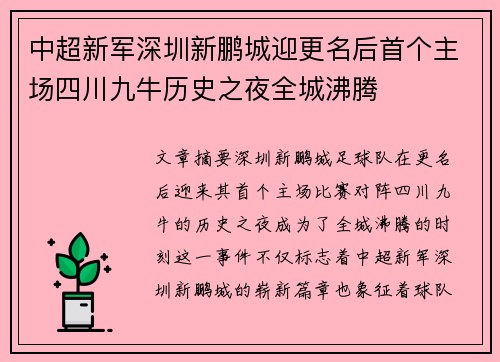 中超新军深圳新鹏城迎更名后首个主场四川九牛历史之夜全城沸腾 中超新军深圳新鹏城迎更名后首个主场四川九牛历史之夜全城沸腾