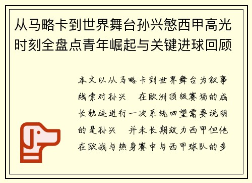 从马略卡到世界舞台孙兴慜西甲高光时刻全盘点青年崛起与关键进球回顾