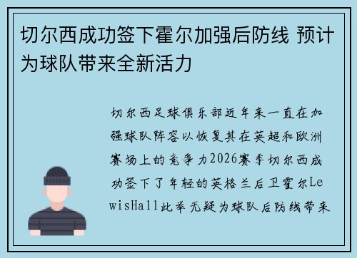 切尔西成功签下霍尔加强后防线 预计为球队带来全新活力